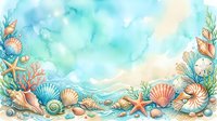 Watercolor underwater ocean scene with seashells, starfish, coral and marine life border frame on turquoise blue background for summer coastal designs.