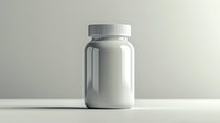White medicine bottle with plastic cap on light gray background, minimalist pharmaceutical packaging mockup isolated for medical and healthcare designs.