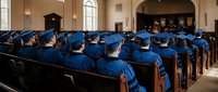 Graduation ceremony in elegant chapel with graduates in blue caps and gowns seated in wooden pews awaiting commencement address from academic officials.