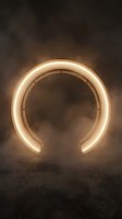 Glowing neon horseshoe arch emitting warm light against dark smoky background, suitable for nightlife, entertainment, and modern design projects.