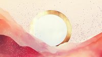 Dreamy mountain landscape at sunset with golden sun and pink clouds, watercolor style artwork with delicate texture and gradient colors for wall art decoration.