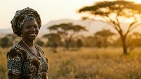 Woman wearing traditional African headwrap and patterned clothing smiling in savanna landscape with acacia trees at golden hour, portrait for cultural diversity and travel themes.