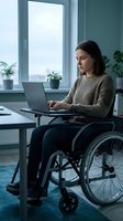 Woman with dark hair and South Asian ethnicity using laptop while seated in wheelchair at desk by window in modern office environment with plants.