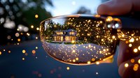 Magical evening reflection in sunglasses lens showing illuminated house with Christmas lights and bokeh creating dreamy atmosphere for holiday season designs.