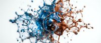 Dynamic liquid splash collision with blue and orange fluids creating abstract droplets and splashes against white background for creative design projects.
