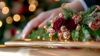 Romantic winter wedding bouquet with deep red roses, gold ornaments and evergreen branches against blurred festive bokeh lights and decorations.