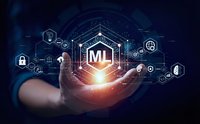 Hand holding glowing ML machine learning shield with connected network icons representing artificial intelligence and data protection technology.