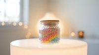 Colorful rainbow beads in glass jar with wooden lid on white pedestal, soft bokeh lighting background, decorative home accent or craft supply storage.