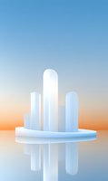 Minimalist white geometric shapes on reflective surface against gradient sky background in orange and blue tones, creating modern architectural composition.