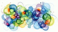 Abstract colorful circles and bubbles in vibrant rainbow hues creating dynamic overlapping pattern on white background for modern design projects.