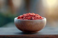 Goji berries in wooden bowl on rustic table. Superfood antioxidant dried fruit for healthy nutrition, wellness diet and natural organic cooking ingredients.