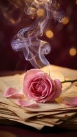 Pink rose with ethereal smoke wisps rising from petals, resting on vintage letters and aged paper with warm bokeh background, conveying romance and nostalgia.