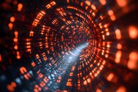 Abstract digital tunnel with glowing orange data streams and binary code elements in circular motion against dark background, futuristic technology concept.