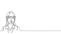 Female construction worker wearing hard hat and safety gear in continuous line art style on white background for professional presentations.