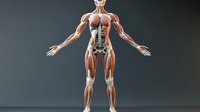 Anatomical visualization showing muscular and skeletal systems of female body with transparent overlay effect on dark background for medical education purposes.