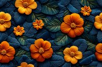 Vibrant orange cosmos flowers with dark teal leaves create dramatic contrast in floral arrangement, suitable for nature-inspired design projects and botanical artwork.