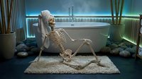 Skeleton relaxing in modern spa bathtub with neon lighting, contemporary wellness and surreal humor concept for creative design projects.