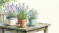 Watercolor herb garden with lavender, sage and mint in rustic clay pots on weathered wooden table. Botanical illustration for kitchen decor and gardening.