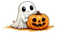 Cute cartoon ghost hugging orange jack o lantern pumpkin with happy smile on autumn leaves background, Halloween holiday illustration for greeting cards.