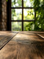 Rustic wooden table surface near window with soft natural daylight and blurred green garden view background, creating cozy atmosphere for product display.