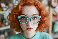 Young woman with vibrant ginger curly hair wearing retro mint green cat-eye glasses and matching sweater, looking directly at camera with natural makeup.