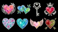 Decorative heart shapes with ornamental details, floral patterns, and embellishments isolated on transparent background. Ready for t-shirt design, clipart, stickers, sublimation, and print-on-demand projects.