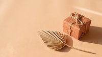 Terracotta gift box tied with twine and dried palm leaf on beige background with soft shadows, minimal boho style.