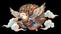 Cute hedgehog character with ornate wings and decorative armor, surrounded by swirling clouds. Isolated on transparent background, ready for t-shirts, stickers, clipart, and print-on-demand designs.