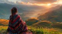 Young woman wrapped in colorful ethnic blanket admiring golden sunset over terraced rice fields, perfect for travel blogs, tourism promotion and inspirational content about Asia.
