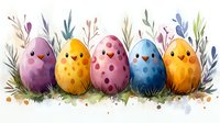 Cute spotted Easter eggs with kawaii faces and floral decorations in watercolor style, arranged in row against spring foliage background. Festive holiday design element.