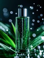 Luxury green cosmetic bottle with sparkling bubbles and metallic cap against dark background with bokeh lights and tropical leaves, elegant skincare product.