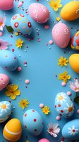Colorful Easter eggs decorated with dots, stripes and flowers arranged in frame on blue background with spring blooms and confetti.