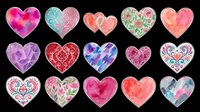 Watercolor hearts clipart set with floral, gem, damask, and folk art styles, isolated on transparent background. Great for stickers, t-shirt design, and print on demand.