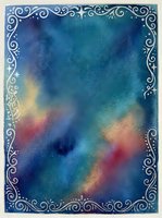 Ornate decorative frame with swirling white filigree borders surrounding a dreamy watercolor gradient background blending deep blue, teal, and warm peachy tones. Suitable for invitations, greeting cards, and design projects.