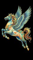 Ornate winged horse with teal, gold, and orange decorative patterns, isolated on transparent background. Ready for t-shirts, stickers, clipart, sublimation, and print-on-demand designs.