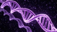 Purple DNA double helix structure floating in space with glowing particles for genetics research and biotechnology presentations.