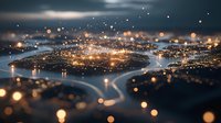Aerial night cityscape with glowing lights and bokeh effect creating magical atmosphere. Bridges connecting urban areas reflect in water, dreamy tilt-shift photography style.