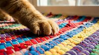 Young tabby cat paw touching colorful woven rug with rainbow stripes, indoor home setting with natural light, pet interaction with textured floor covering.