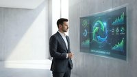 Professional businessman in suit analyzing futuristic holographic data dashboard with charts and graphs in modern office environment.