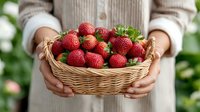 Woman holding wicker basket full of fresh ripe strawberries outdoors in garden setting. Organic farming and healthy eating concept for summer harvest.