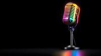 Retro rainbow colored microphone on black background with colorful reflection. Professional studio equipment for podcasting and music recording.