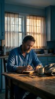 Middle-aged Caucasian man with beard writing in notebook at wooden kitchen table during golden hour morning light streaming through window curtains.