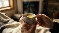 Senior woman holding warm herbal tea with lemon slice in ceramic mug, cozy home interior with fireplace, wellness and relaxation lifestyle.
