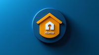 Orange house icon on blue circular button with shadow effect, minimalist design for web, apps and user interface elements. Clean modern style on gradient background.