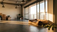 Spacious loft studio with polished concrete floor, large windows with golden sunlight, industrial pendant lights, potted plants, and scattered green apples for creative projects.