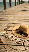 Straw hat and sunglasses on a wooden pier with summer lettering, shells, and sea view, evoking a warm beach vacation mood.