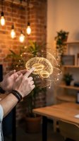 Male hands holding glowing brain hologram with neural networks in modern office space representing artificial intelligence and innovation concepts.