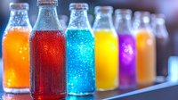 Colorful glass bottles with vibrant carbonated drinks lined up on shelf, showing condensation droplets and backlit glow. Fresh cold beverages in rainbow colors.