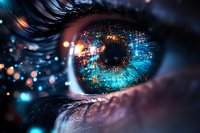 Macro shot of luminous blue eye with digital network pattern overlay and glowing particles, representing artificial intelligence and future technology advancement.