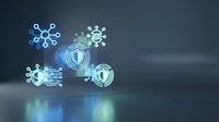 Digital cybersecurity network with glowing shield icons and connection nodes on dark background for technology and data protection concepts.